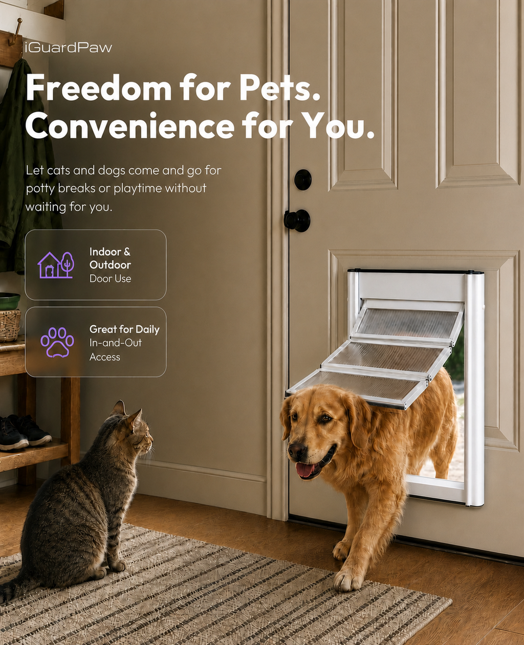 3-Panels Dog Door for Interior/Exterior Doors, Durable Flap